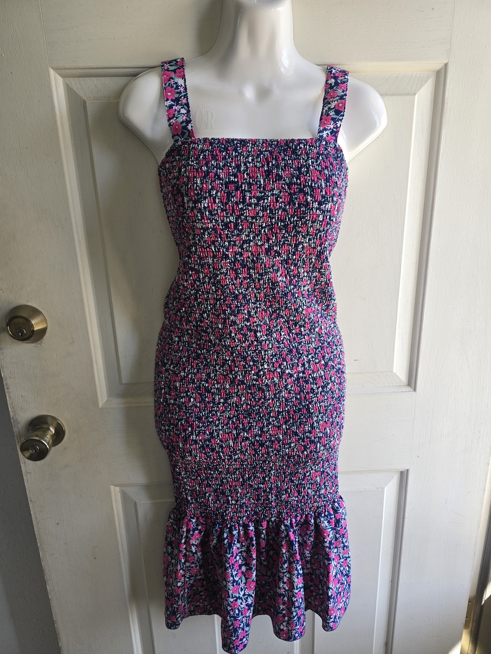 Smocked Floral Midi Dress in Pink and Navy